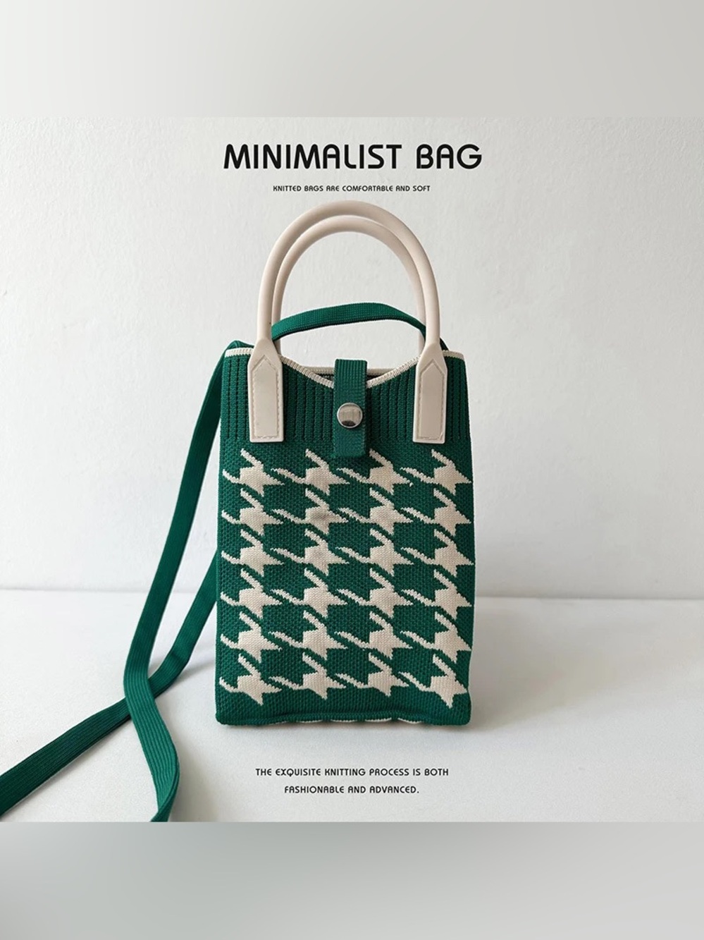 Green Houndstooth Knit Mini Crossbody Tote Bag